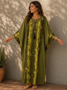 🍁 5/$25 Olive Green Floral Kaftan | Long Tunic | OS